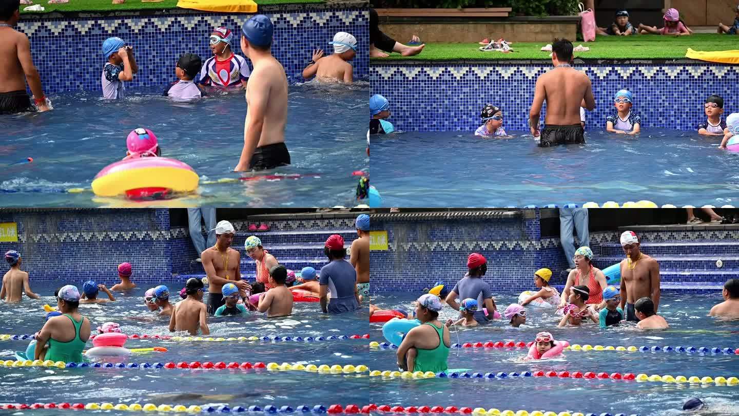 游泳教练们耐心指导孩子游泳动作-慢动作