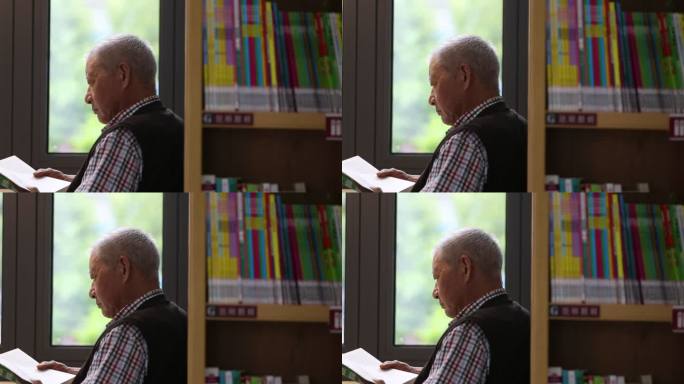 书房书店书屋老人爷爷窗口看书学习实拍素材