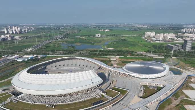 航拍襄阳全民体育运动中心东津新区城市风光