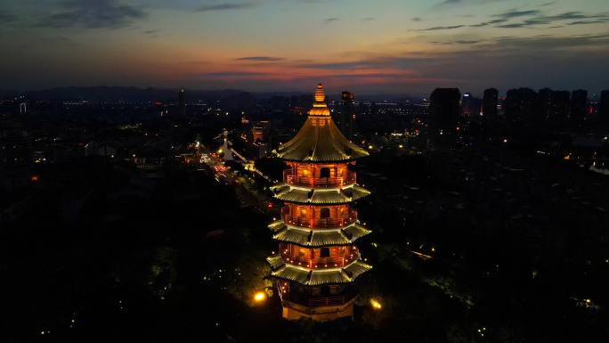 绍兴蕺山文笔塔夜景航拍