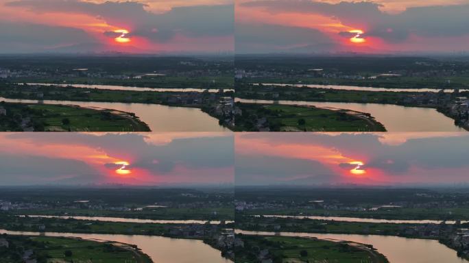 乡村 村落 河流 航拍 夕阳