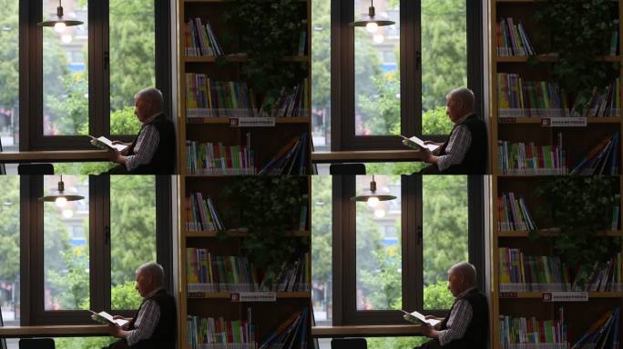 书房书店书屋窗口白发老人爷爷看书学习灯光
