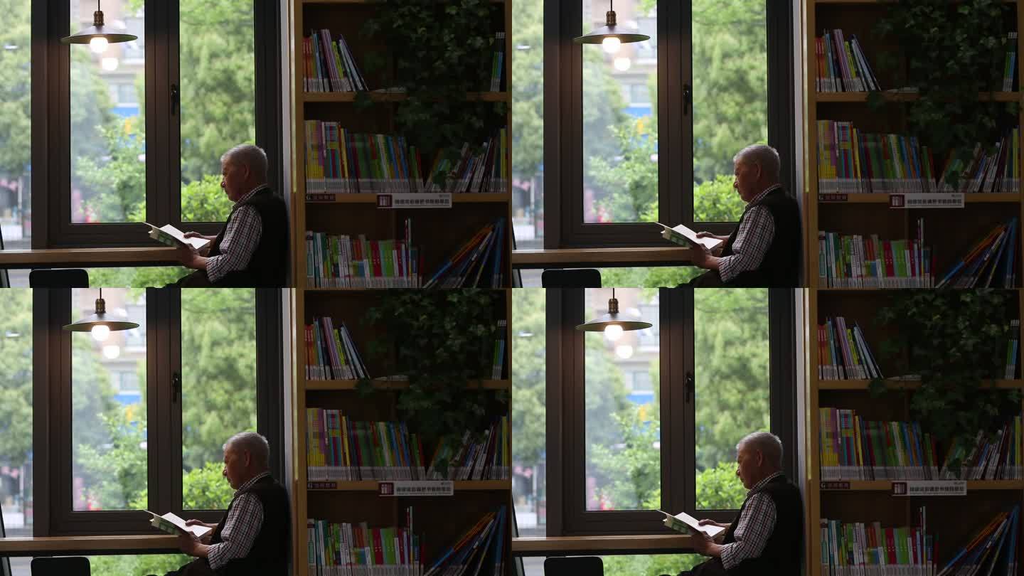 书房书店书屋窗口白发老人爷爷看书学习灯光