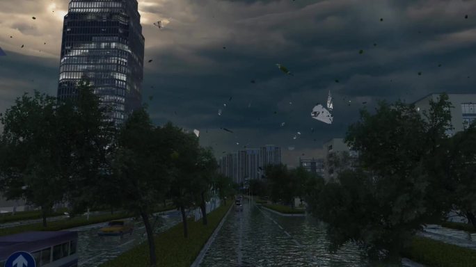 台风洪涝天气城市街景三维动画
