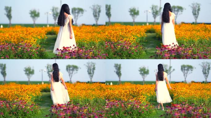 白色裙子女生 走在花海