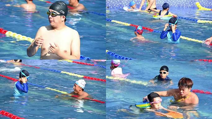 跟着教练学习游泳的孩子们