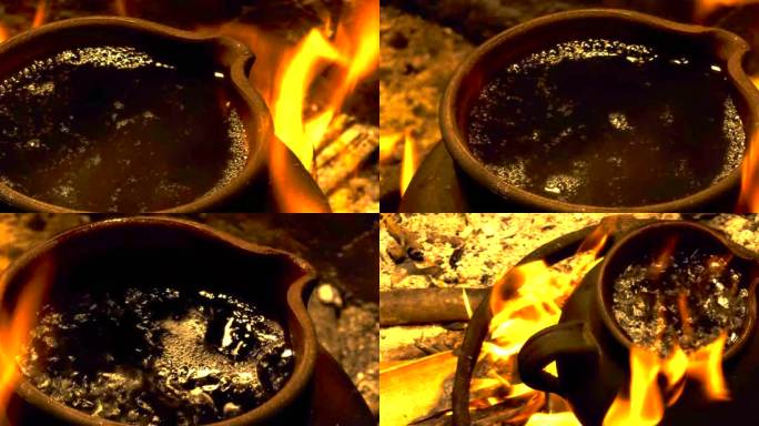 古法传统煮茶 柴火燃烧陶罐茶壶煮水开翻滚