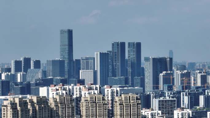 杭州余杭未来科技城金融中心航拍远眺天际线