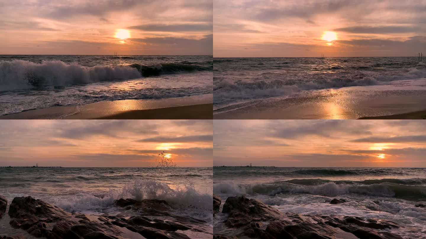 日落黄昏夕阳下的海滩灯塔海浪拍打礁石
