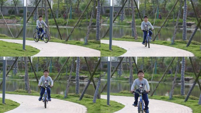 城市社区游步道小孩子小朋友骑自行车实拍