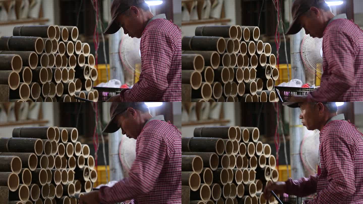 毛竹制品竹筒竹罐头加工生产实拍原素材
