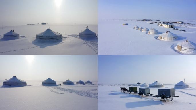 航拍冬天的蒙古包