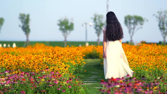 白色裙子女生 走在花海