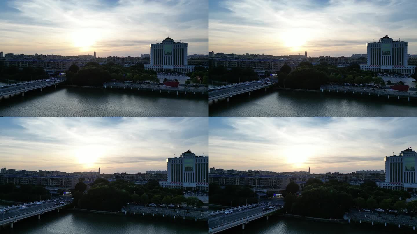 夕阳下的城市河流大景