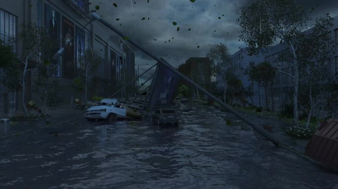 台风过境破坏城市三维动画