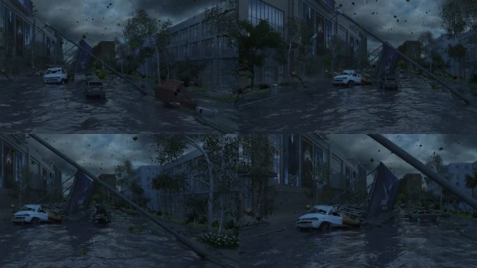 台风过境破坏城市三维动画