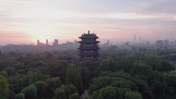 4k航拍山东济南大明湖超然楼日出朝霞