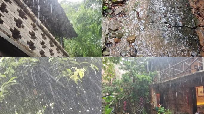 暴雨倾盆大雨滂沱大雨农舍民房门雨景