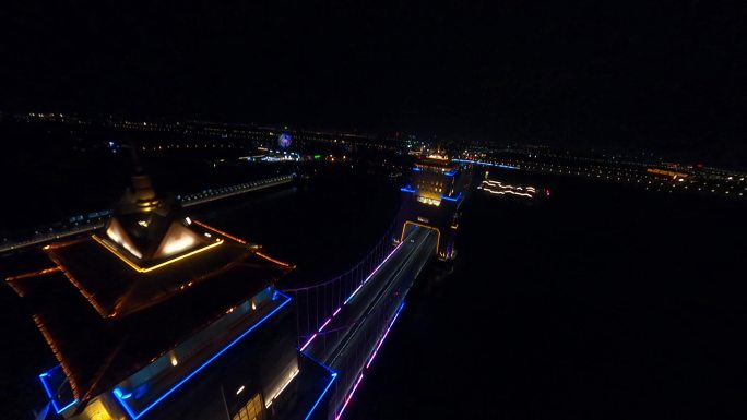 穿越机航拍扬州万福大桥夜景万福闸