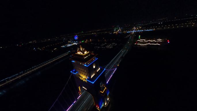 穿越机航拍扬州万福大桥夜景万福闸
