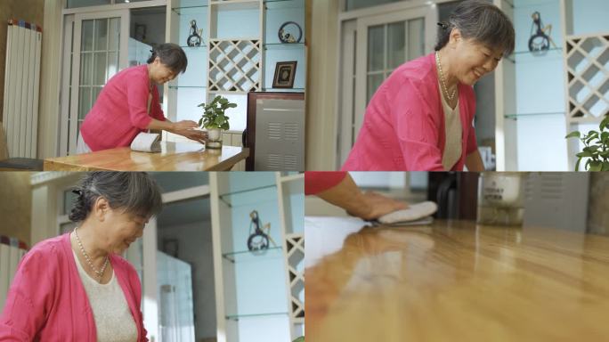老年女在家做家务打扫卫生擦桌子清洁卫生