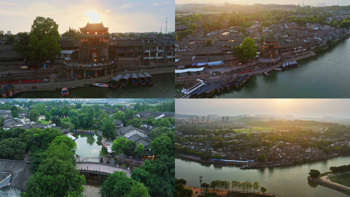 黄龙溪古镇夕阳航拍4k