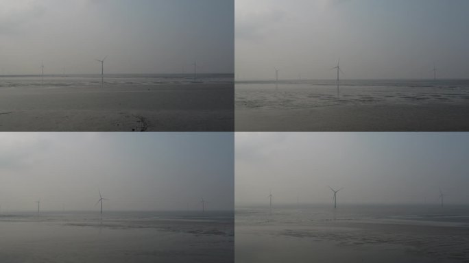 海边滩涂风力发电航拍