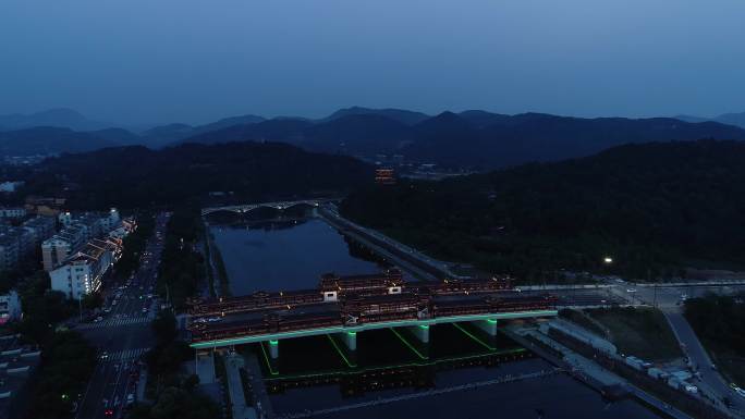 4K 航拍 宁海 兴宁廊桥 清晨白天夜景