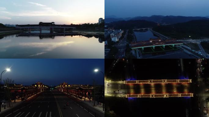 4K 航拍 宁海 兴宁廊桥 清晨白天夜景