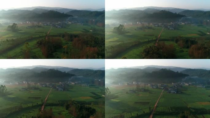 乡村早晨一层薄雾飘在村庄上空美丽风景