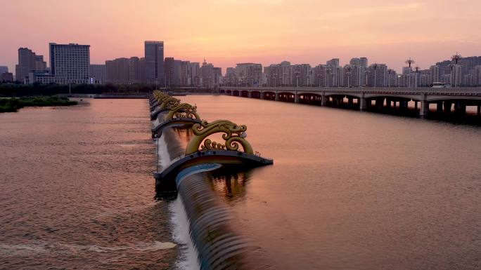 4K航拍临沂市桃源橡胶坝风景