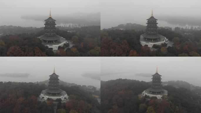 烟雨杭州杭州西湖雷峰塔雷音寺4K航拍