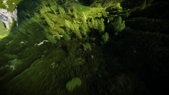 FPV穿越机无人机航拍森林高山山脉阳光