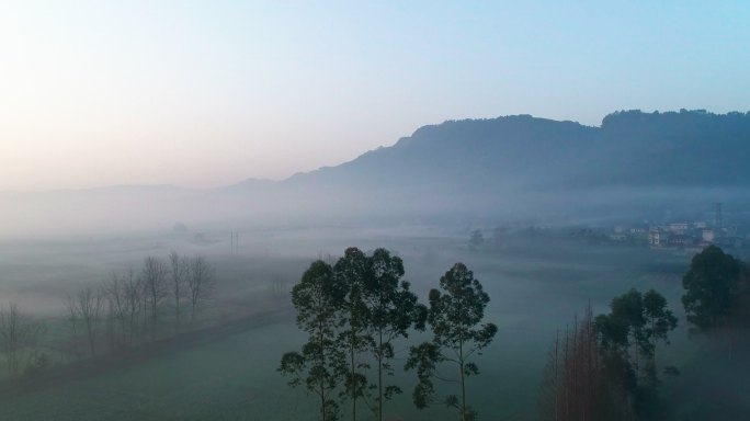 乡村早晨一层薄雾飘在村庄上空美丽风景