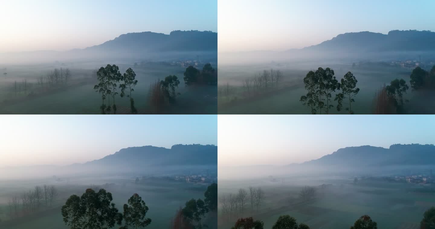 乡村早晨一层薄雾飘在村庄上空美丽风景