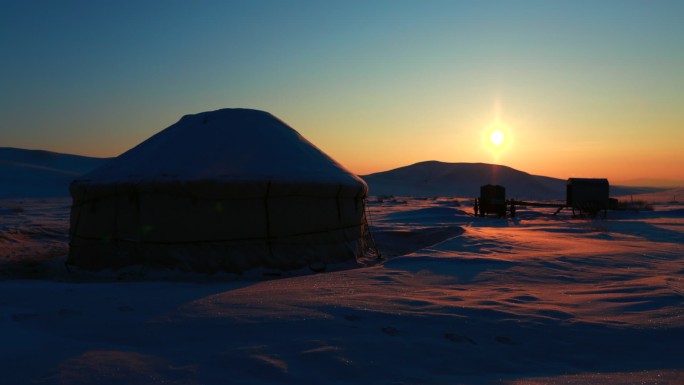 冬日东乌旗蒙古包夕阳雪景延时F