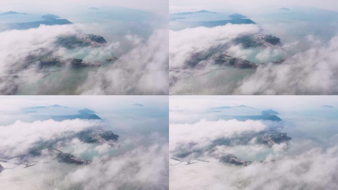 4k航拍山东威海成山头平流雾