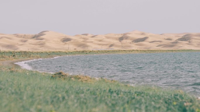 青海湖尕海的湖边沙漠与草地