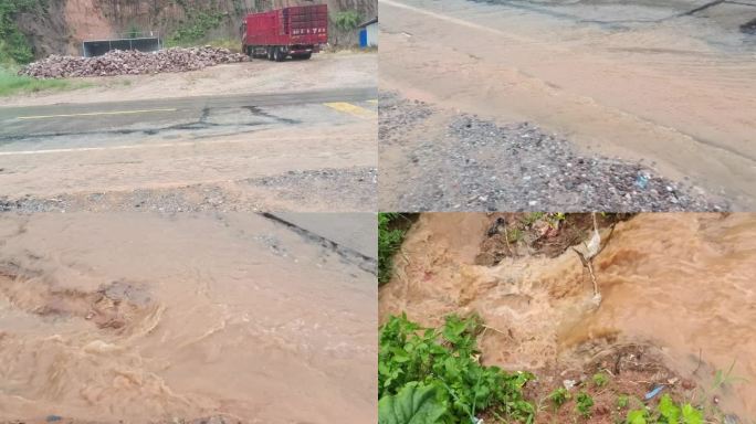 暴雨倾盆大雨滂沱大雨农村公路下雨积水水流