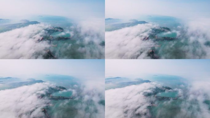 4k航拍山东威海成山头平流雾