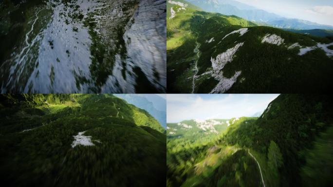 FPV穿越机无人机航拍高山森林山脉阳光