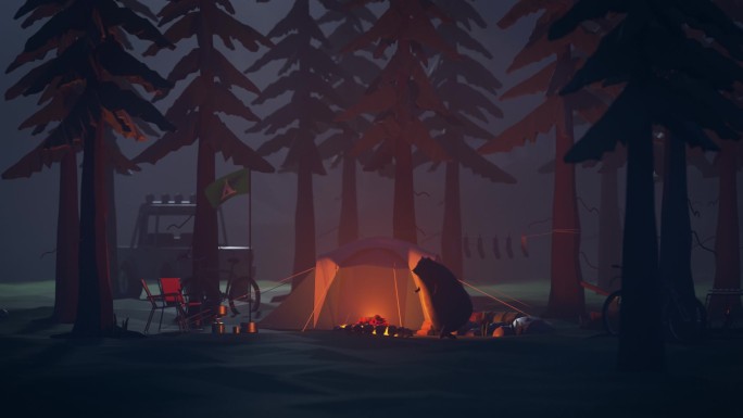 动画熊潜入营地夜间.