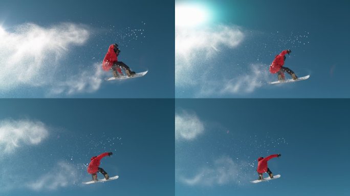 慢动作特写：滑雪者跳大的空气踢腿，喷洒雪花，在完美的冬日飞越太阳。 滑雪板在雪地公园里跳跃. 阳光从
