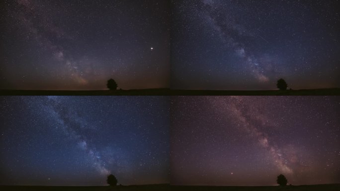 夏天的草地上，夜空中的银河在孤零零的树上。明亮的星辰和流星在风景之上的轨迹。欧洲的观点