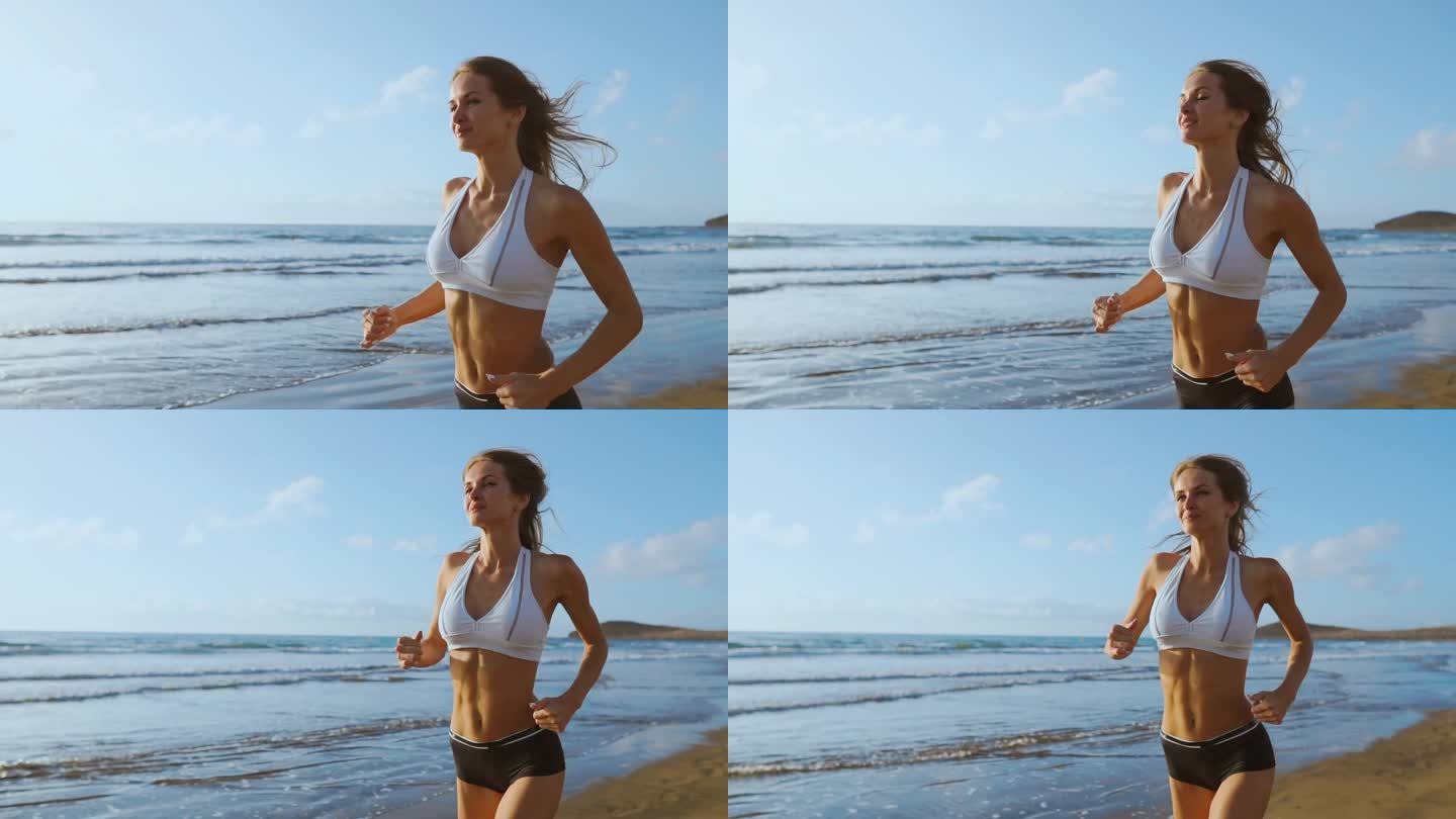 一位身材苗条的年轻女子在日出时在海上从事体操运动。她沿着海边跑。序列相机稳定器镜头。在慢动作