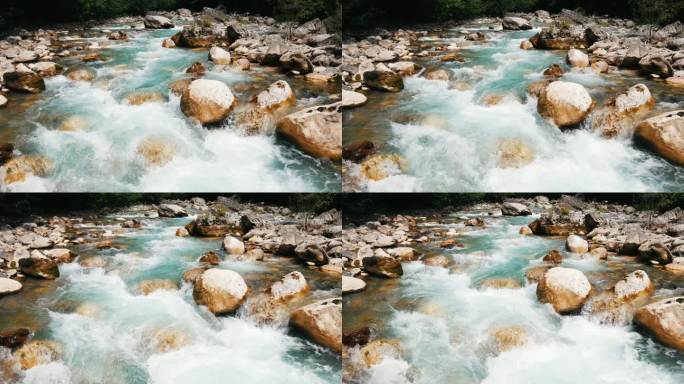 山河, 自然景观。清澈的水在大石头间移动