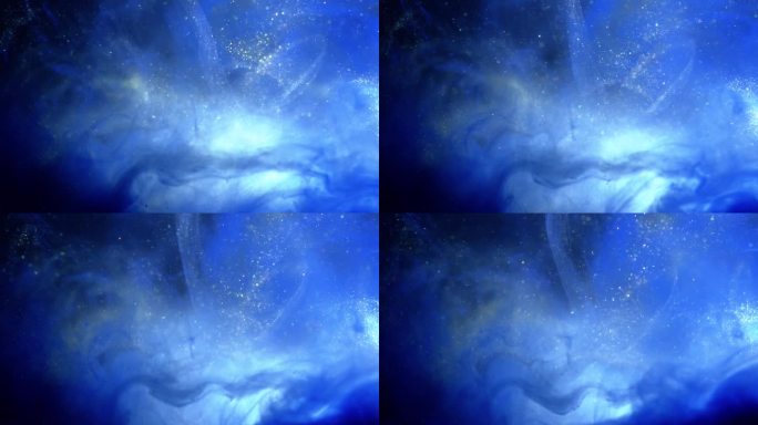 闪闪发光的蓝色粒子背景。宇宙蓝色的尘埃与星星的黑色背景。粒子运动摘要。
