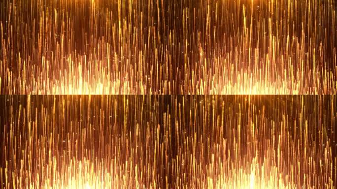 金粒子的上升是壮观的运动图形背景。优雅的金粉条纹继续升起，奢华的粒子光芒，颁奖典礼的表演庆祝背景。