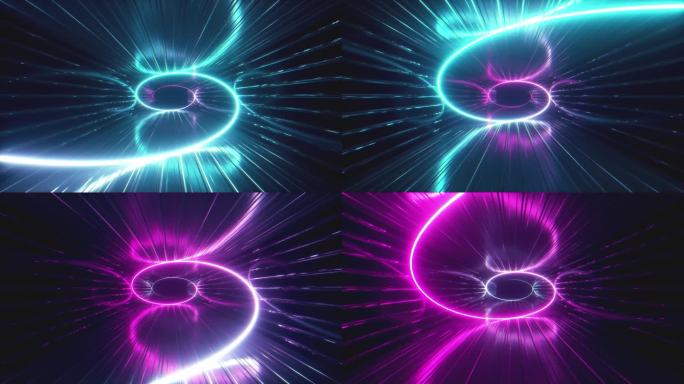 抽象霓虹灯背景。3d渲染霓虹灯紫外线螺旋沿金属走廊扩散。催眠螺旋，蓝色红色粉红色紫色光谱，无缝循环4