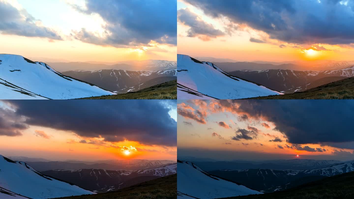 美丽的夕阳在山间时移，阳光在山上的夕阳，戏剧性的日落在春天的喀尔巴鄂山，阳光通过云在山中
